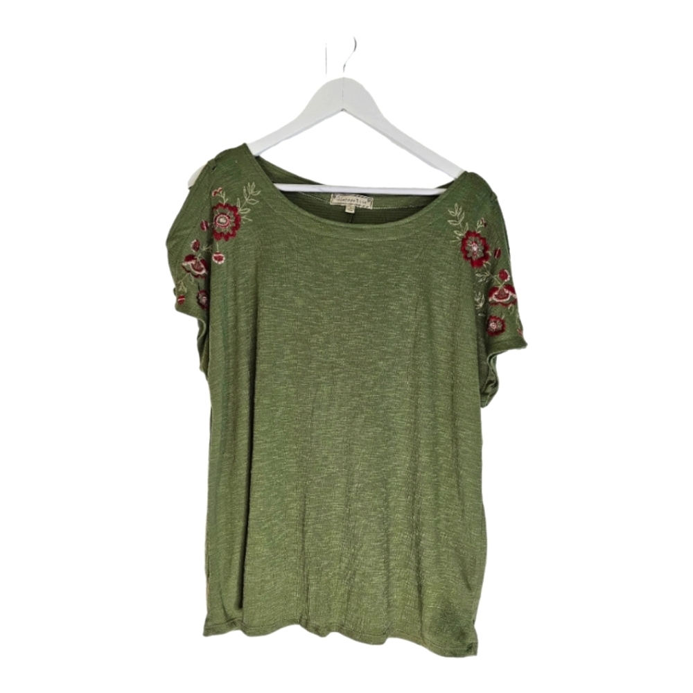Vintage Rose Green Peek-a-boo Shoulder Blouse with Embroidered Flowers 1X NWT